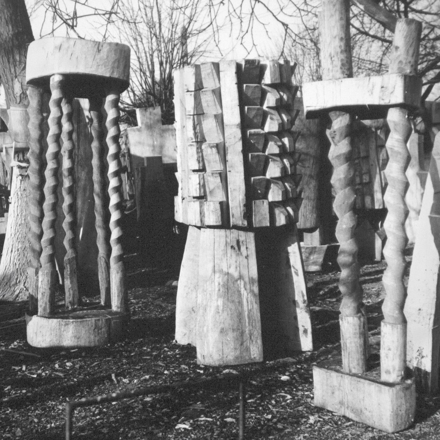 Sculpturi în lemn Laponă și Fluturi, în grădina din Băneasa, 1978