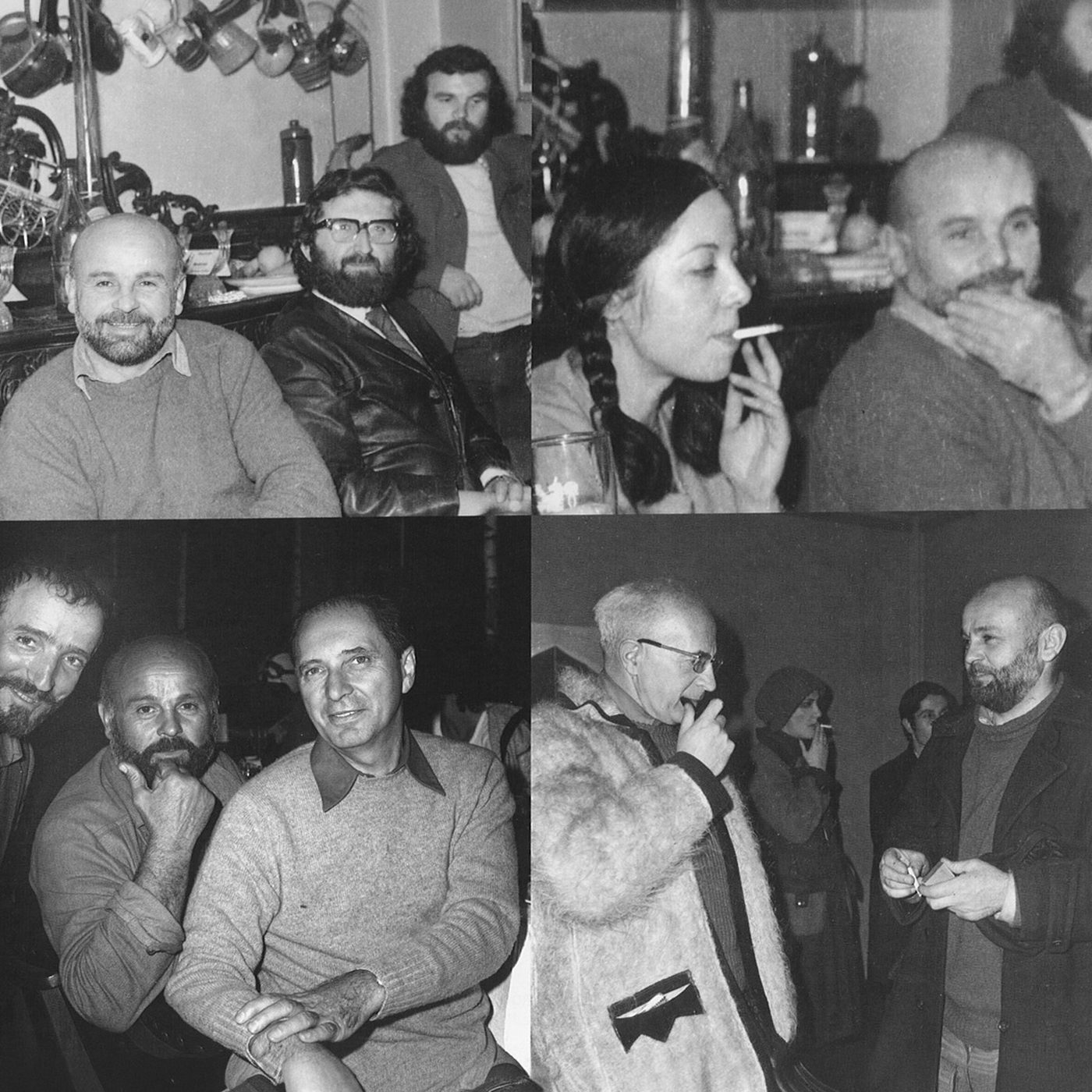 George Apostu alături de artiști și critici, colaj de patru fotografii