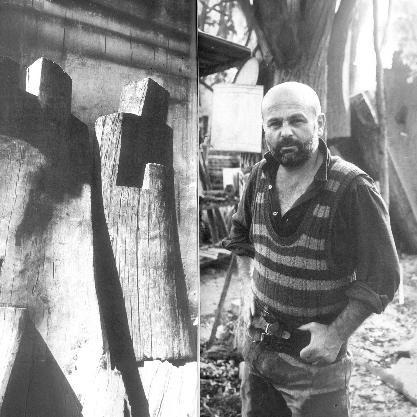 Sculptura în lemn Tați și fii și George Apostu în grădina de la Băneasa, 1974