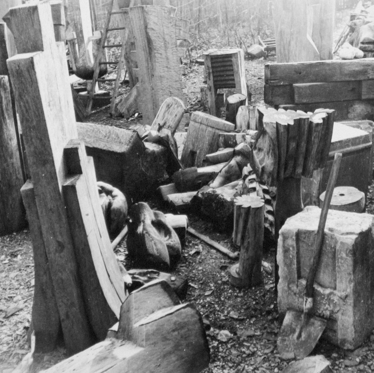 Sculpturi în lemn în grădina din Băneasa, 1974